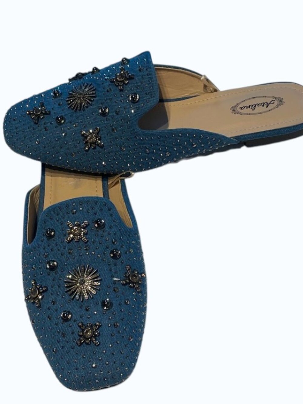 Atalina Blue Denim Beaded Rhinestone Star Embellished Mule Flats size 9.5